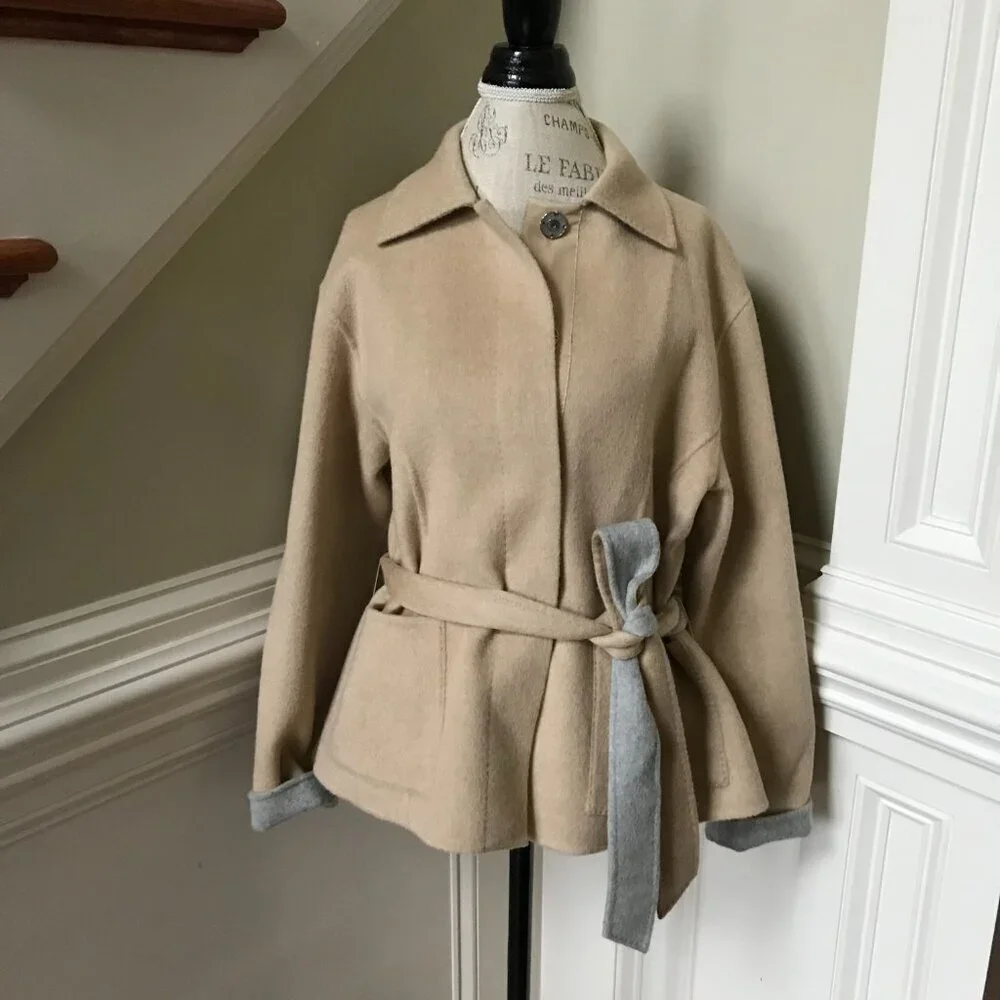 Lafayette 148 Wool Cashmere Reversible Jacket Womens Large Gray Tan Belted Coat